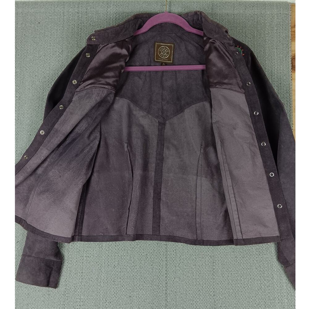 Double D Ranch Vintage Leather Shirt Jacket Women L Purple Bottle Cap Pearl Snap - Picture 8 of 15
